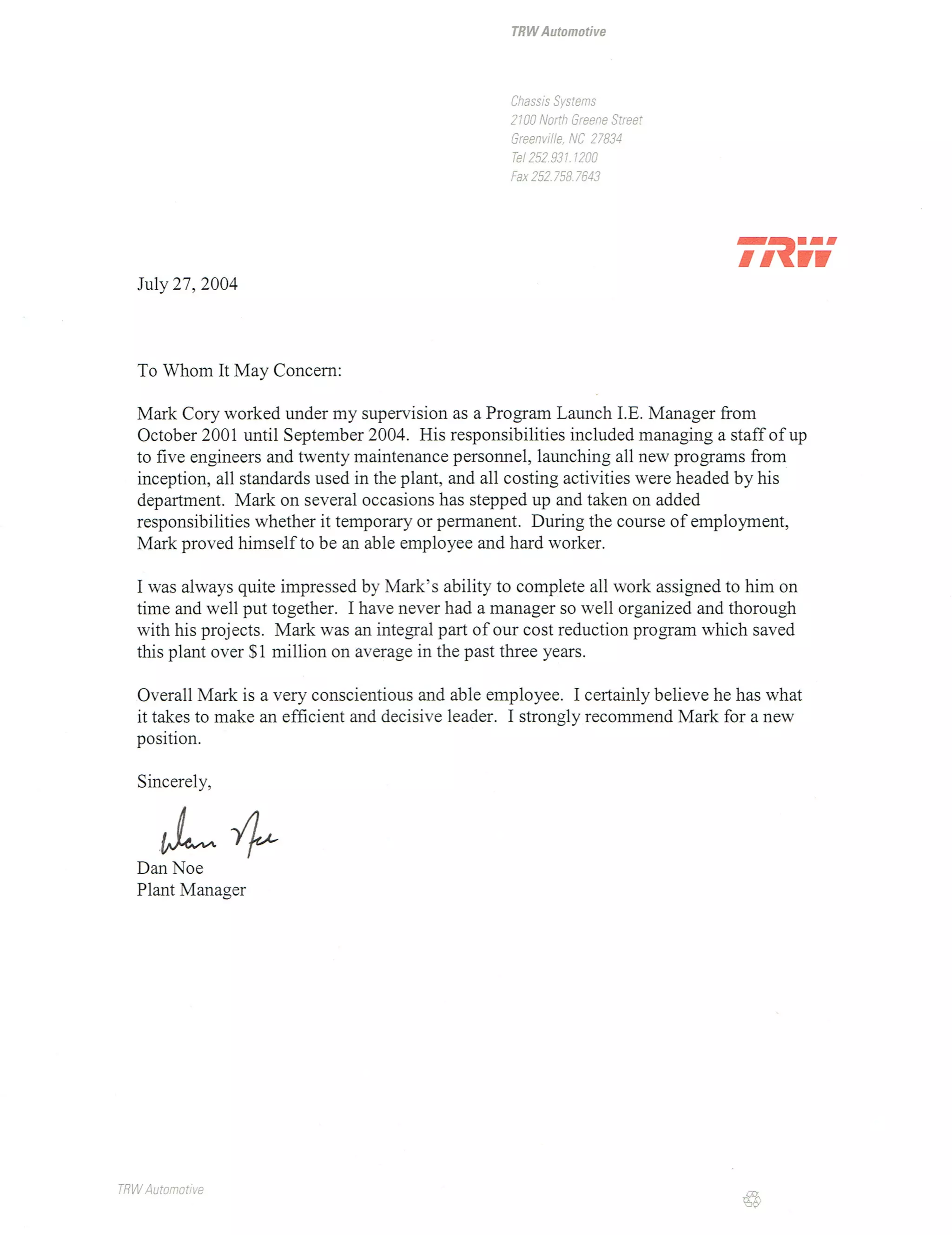 Reference Letter from Plant Manager Dan Noe | PDF