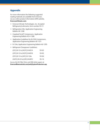 25
Appendix
For more information the following suggested
reading materials are available from Emerson,
via our online product information (OPI) website,
EmersonClimate.com:
• Emerson Climate Technologies, Inc. Accepted
Refrigerants/Lubricants, form number 93-11
• Refrigeration Oils, Application Engineering
Bulletin AE-1248
• Copeland Scroll®
Compressors, Application
Engineering Bulletin AE 4-1308
• Application Guidelines for R-410A Compressors,
Application Engineering Bulletin AE-1331
• R-134a, Application Engineering Bulletin AE-1295
• Refrigerant Changeover Guidelines:
(CFC) R-12 to (HCFC) R-401A 93-02
(CFC) R-12 to (HCFC) R-401B 93-03
(CFC) R-12 to (HFC) R-134a 93-04
(HCFC) R-22 to (HFC) R-407C 95-14
Access the EK Filter Drier and HMI white papers at
Emersonflowcontrols.com/web/SystemProtectors.asp.
 