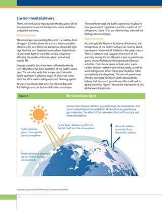 4
1
yosemite.epa.gov/oar/GlobalWarming.nsf/content/climate.html
The need to protect the Earth’s ozone has resulted in
new government regulations and the creation of HFC
refrigerants. Since HFCs are chlorine free, they will not
damage the ozone layer.
Global warming
According to the National Academy of Scientists, the
temperature of the Earth’s surface has risen by about
one degree Fahrenheit (0.5 Kelvin) in the past century.
1
There is evidence that suggests that much of the
warming during the last 50 years is due to greenhouse
gases, many of which are the byproduct of human
activities. Greenhouse gases include water vapor,
carbon dioxide, methane and nitrous oxide, as well as
some refrigerants. When these gases build up in the
atmosphere, they trap heat. The natural greenhouse
effect is necessary for life on Earth, but scientists
believe that too much greenhouse effect will lead to
global warming. Figure 1 shows the mechanism of this
global warming process.
There are two factors important to the discussion of the
environmental impact of refrigerants: ozone depletion
and global warming.
Ozone depletion
The ozone layer surrounding the Earth is a reactive form
of oxygen 25 miles above the surface. It is essential for
planetary life, as it filters out dangerous ultraviolet light
rays from the sun. Depleted ozone allows higher levels
of ultraviolet light to reach the surface, negatively
affecting the quality of human, plant, animal and
marine life.
Enough scientific data have been collected to clearly
verify that there has been depletion of the Earth’s ozone
layer. The data also verify that a major contribution to
ozone depletion is chlorine, much of which has come
from the CFCs used in refrigerants and cleaning agents.
Research has shown that even the chlorine found in
R-22 refrigerants can be harmful to the ozone layer.
Environmental drivers
The Greenhouse EffectFigure 1
Solar radiation
passes through the
clear atmosphere.
Most radiation is absorbed
by the Earth’s surface
and warms it.
Some solar radiation is reflected
by the Earth and the atmosphere.
Some of the infrared radiation passes through the atmosphere, and
some is absorbed and re-emitted in all directions by greenhouse
gas molecules. The effect of this is to warm the Earth’s surface and
lower atmosphere.
Infrared radiation
is emitted from
the Earth’s surface.
 