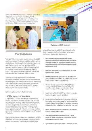 6
community WATSAN (Water and Sanitation) committees,
260 community volunteers, and 19 lady health
workers (LHWs). 23,339 citizens are benefitting from
the rehabilitation of 7 safe water supply schemes and
construction of 25 new communal hand pumps.
Water Quality Testing
Testing of 458 drinking water sources has identified 223
unsafe sources and the project has taken actions such as
disinfection of them through chlorination to make these
safe. The Community Led Total Sanitation (CLTS)
approach has been launched in 25 communities which
are resulting in community understanding of WASH
issues, rights and encouraging households to build and
maintain their own sustainable WASH facilities.
To ensure inclusive development, 150 very poor
households have been provided with household latrines.
Project progress and wider WASH issues have been visibly
publicized through quarterly newsletters, orientation
of journalists on WASH who then published 250 news
stories in print and electronic media.
Following is the summary of achievements:
15 CSOs network is functional
A network of 15 CSOs at district level was established
in 2011. The network has been provided with trainings
on participatory planning, M&E, financial management,
advocacy, budget tracking and analysis, community
scorecards (CSC) exercise, town hall meetings, rights
based approach, equity & inclusion, awareness creation,
community mobilization and Participatory Rural Appraisal
(PRA) tools.  
Due to the continuous engagement and capacity building
of 15 CSOs with project activities and trainings on WASH
relevant interventions, the following nine CSOs of the
Training of CSOs Network
network have now started WASH activities with other
donors’ supports which will contribute to increased
involvement of citizens in development:
1.	 Participatory Development Initiative & Human
Resource Development Organisation have launched an
advocacy campaign on water borne diseases in district
Mardan with support from Strengthening Participatory
Organisations (SPO).
2.	 PEACE has launched a USAID funded project on water
rights in District Mardan.
3.	 SAIBAN Development Organisation has started a small
grant project on school WASH in Chamtar union council
district Mardan with the support of SPO.
4.	 The Step Towards Empowerment of Pupil (STEP) is
working with USAID in FATA on menstrual hygiene
awareness and overall focusing on women health.
5.	 Health Society Takht Bhai (HST) has initiated a project on
health and hygiene issues in Takht Bhai.
6.	 Human Resource Development Organisation (HRDO) has
launched an awareness campaign on WASH through FM-
93 Radio Khyber Pakhtunkhwa. The campaign was started
in September 2012 and will end on December 31st, 2012.
7.	 Fatima Welfare Organisation has started a WASH project
in District Upper Dir with USAID.
8.	 Salik Development Foundation has started a WASH
project in SWABI with financial support from Pakistan
Poverty Alleviation Fund (PPAF)
9.	 Aghaz Welfare Organisation (AWO) is mobilizing its own
 