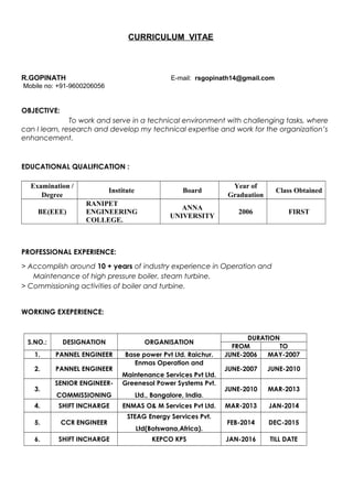 CURRICULUM VITAE
R.GOPINATH E-mail: rsgopinath14@gmail.com
Mobile no: +91-9600206056
OBJECTIVE:
To work and serve in a technical environment with challenging tasks, where
can I learn, research and develop my technical expertise and work for the organization’s
enhancement.
EDUCATIONAL QUALIFICATION :
Examination /
Degree
Institute Board
Year of
Graduation
Class Obtained
BE(EEE)
RANIPET
ENGINEERING
COLLEGE.
ANNA
UNIVERSITY
2006 FIRST
PROFESSIONAL EXPERIENCE:
> Accomplish around 10 + years of industry experience in Operation and
Maintenance of high pressure boiler, steam turbine.
> Commissioning activities of boiler and turbine.
WORKING EXEPERIENCE:
S.NO.: DESIGNATION ORGANISATION
DURATION
FROM TO
1. PANNEL ENGINEER Base power Pvt Ltd. Raichur. JUNE-2006 MAY-2007
2. PANNEL ENGINEER
Enmas Operation and
Maintenance Services Pvt Ltd.
JUNE-2007 JUNE-2010
3.
SENIOR ENGINEER-
COMMISSIONING
Greenesol Power Systems Pvt.
Ltd., Bangalore, India.
JUNE-2010 MAR-2013
4. SHIFT INCHARGE ENMAS O& M Services Pvt Ltd. MAR-2013 JAN-2014
5. CCR ENGINEER
STEAG Energy Services Pvt.
Ltd(Botswana,Africa).
FEB-2014 DEC-2015
6. SHIFT INCHARGE KEPCO KPS JAN-2016 TILL DATE
 