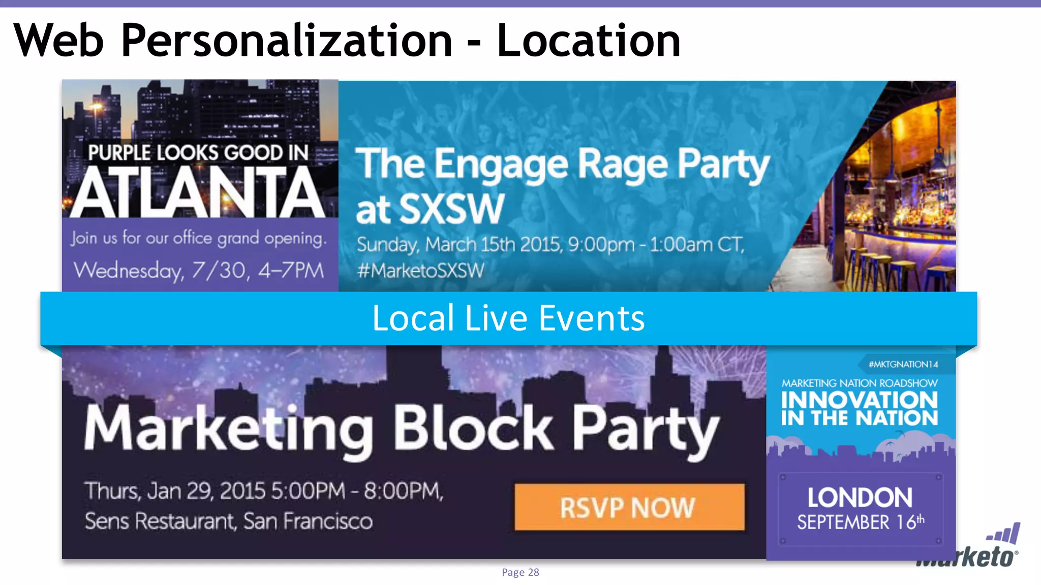 Page	28
Visitors	presented	with	personalized	content	convert	5X	more	than	avg.
Local	Live	Events
Web Personalization - Location
 