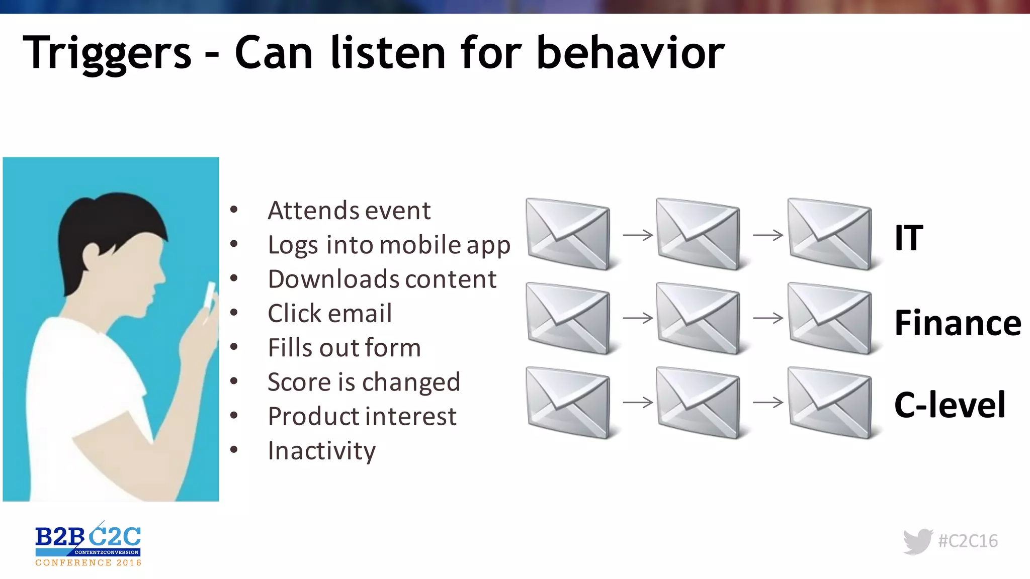 #C2C16
• Attends	event
• Logs	into	mobile	app
• Downloads	content
• Click	email
• Fills	out	form
• Score	is	changed
• Product	interest
• Inactivity
IT
Finance
C-level
Triggers – Can listen for behavior
 