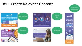 #1 – Create Relevant Content
Higher
Ed
B2B: Enterprise
Healthcare
Competitor
Customers
Consumer
 