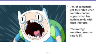 Page	25
• 74% of consumers
get frustrated when
website content
appears that has
nothing to do with
their interests.
• The average
website conversion
rate is 2%.
 