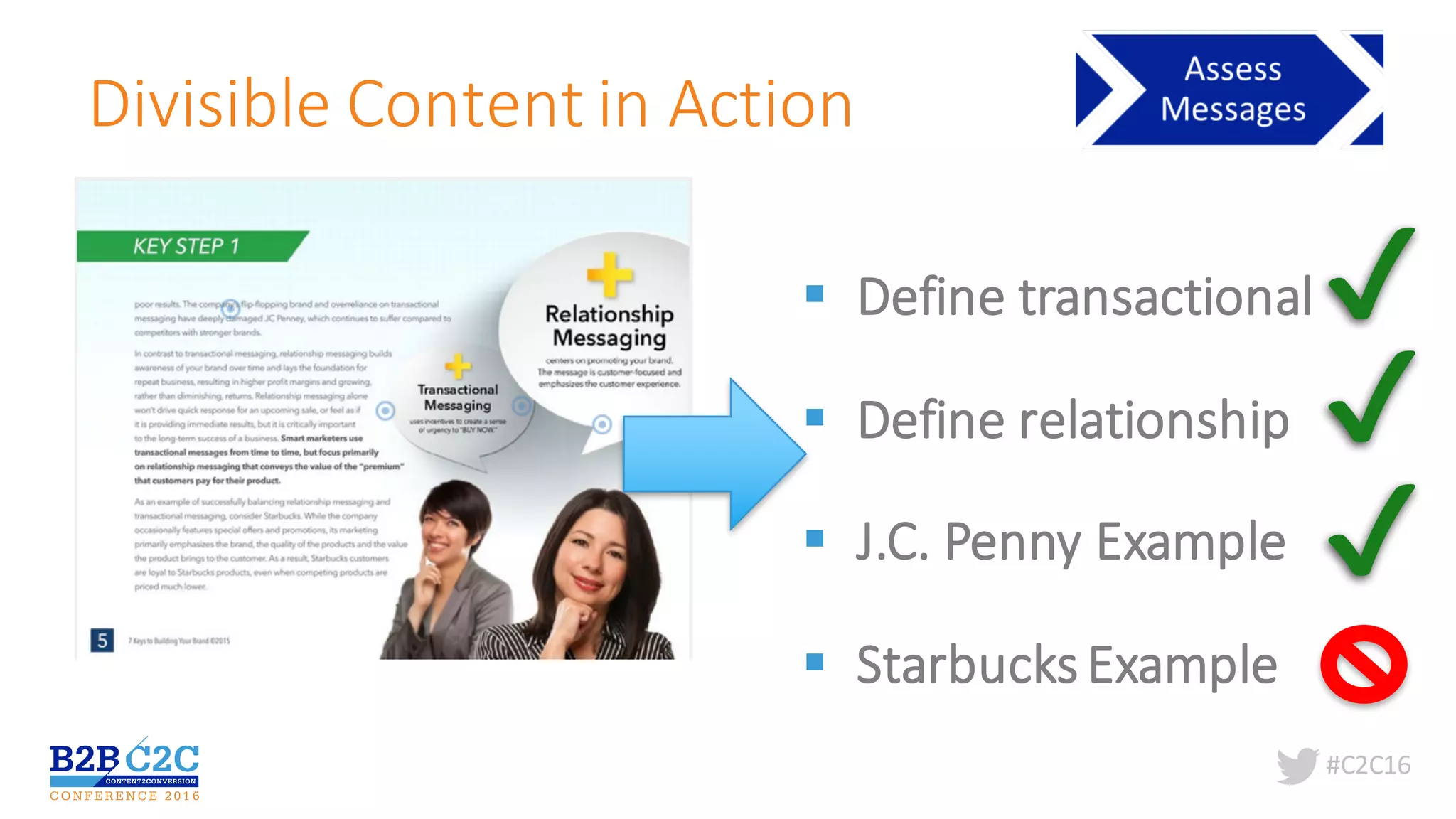 #C2C16
Divisible	Content	in	Action
§ Define	transactional
§ Define	relationship
§ J.C.	Penny	Example
§ Starbucks	Example
 