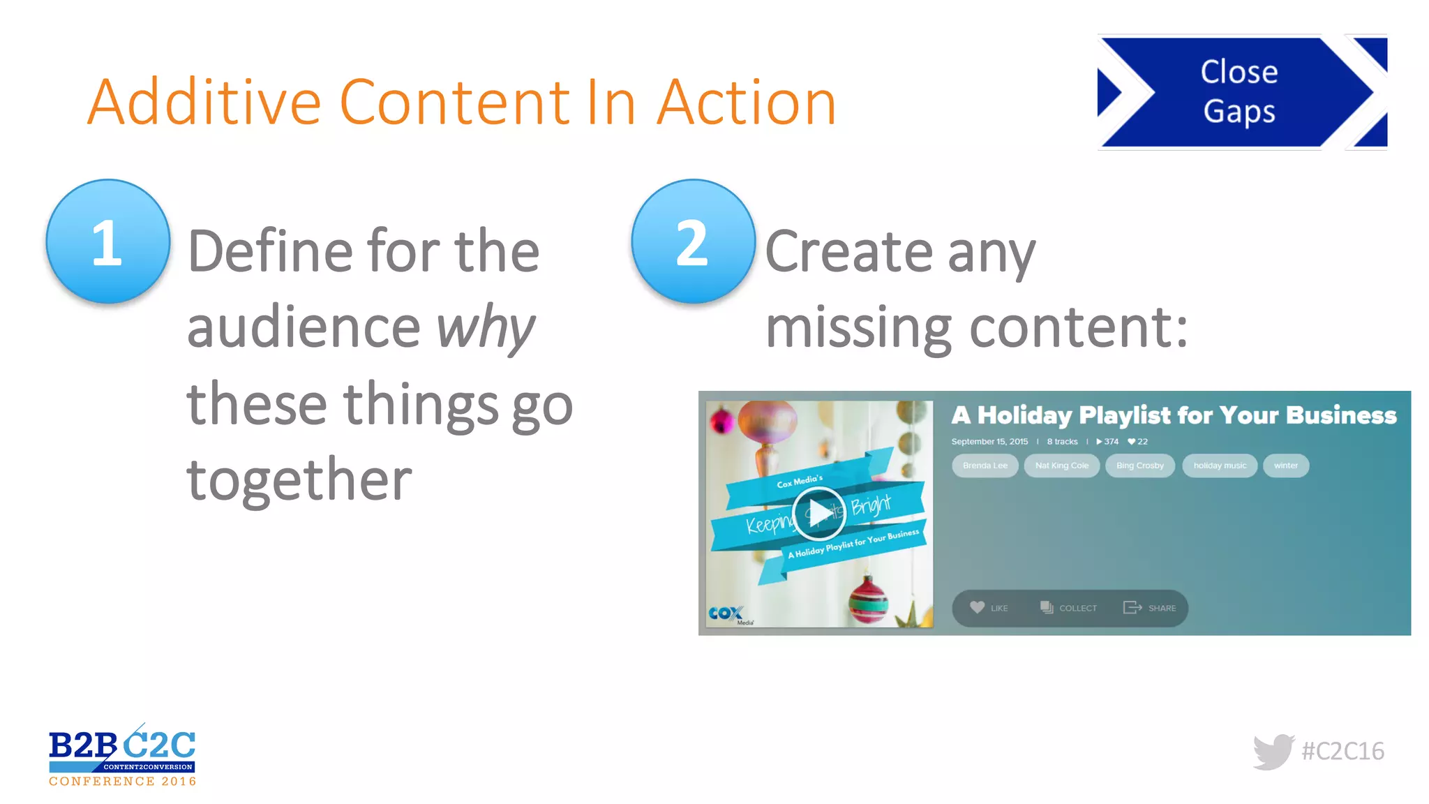 #C2C16
1
Additive	Content	In	Action
Define	for	the	
audience	why
these	things	go		
together
2 Create	any	
missing	content:
 
