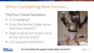 #C2C16
The	Four	Critical	Questions:
§ Is	it	engaging?
§ Does	the	format	make	sense	
with	the	content?
§ Does	it	allow	me	to	tell	more	
of	my	story	at	once?
§ Is	it	a	good	investment?
When	Considering	New	Formats…	
Or	risk	building	the	puppy-monkey-baby	of	content!
 