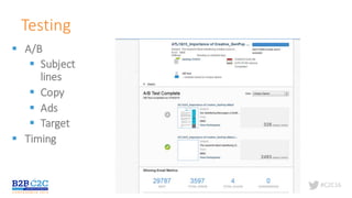 #C2C16
Testing
§ A/B
§ Subject	
lines
§ Copy
§ Ads
§ Target
§ Timing
 