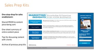 Sales	Prep	Kits
One-stop-shop	for	sales	
enablement:
Shared	PRIOR	to	content	
piece	being	sent
One-sheet	summary	of	
entire	content	piece
Tips	for	discussing	content	
with	clients
Archive	of	previous	prep	kits
 
