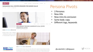 #C2C16
• 2	Personas
• New	title
• New	intro	&	conclusion
• Same	body	copy
• Different	tags,	keywords
Persona	Pivots
@ardath421	|	@kkjepson
 