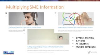 #C2C16
Multiplying	SME	Information
• 1	Phone	interview
• 3	Articles
• All	industries
• Multiple	campaigns
 