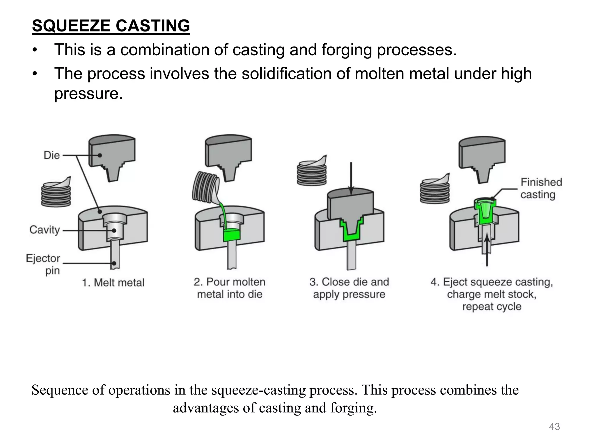 SQUEEZE CASTING
• This is a combination of casting and forging processes.
• The process involves the solidification of molten metal under high
pressure.
43
Sequence of operations in the squeeze-casting process. This process combines the
advantages of casting and forging.
 