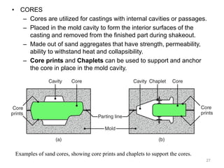 • CORES
– Cores are utilized for castings with internal cavities or passages.
– Placed in the mold cavity to form the interior surfaces of the
casting and removed from the finished part during shakeout.
– Made out of sand aggregates that have strength, permeability,
ability to withstand heat and collapsibility.
– Core prints and Chaplets can be used to support and anchor
the core in place in the mold cavity.
27
Examples of sand cores, showing core prints and chaplets to support the cores.
 