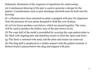 Schematic illustration of the sequence of operations for sand casting.
(a) A mechanical drawing of the part is used to generate a design for the
pattern. Considerations such as part shrinkage and draft must be built into the
drawing.
(b–c) Patterns have been mounted on plates equipped with pins for alignment.
Note the presence of core prints designed to hold the core in place.
(d–e) Core boxes produce core halves, which are pasted together. The cores
will be used to produce the hollow area of the part shown in (a).
(f) The cope half of the mold is assembled by securing the cope pattern plate to
the flask with aligning pins and attaching inserts to form the sprue and risers.
(g) The flask is rammed with sand, and the plate and inserts are removed.
(h) The drag half is produced in a similar manner with the pattern inserted. A
bottom board is placed below the drag and aligned with pins.
28
 