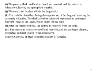 (i) The pattern, flask, and bottom board are inverted, and the pattern is
withdrawn, leaving the appropriate imprint.
(j) The core is set in place within the drag cavity.
(k) The mold is closed by placing the cope on top of the drag and securing the
assembly with pins. The flasks are then subjected to pressure to counteract
buoyant forces in the liquid, which might lift the cope.
(l) After the metal solidifies, the casting is removed from the mold.
(m) The sprue and risers are cut off and recycled, and the casting is cleaned,
inspected, and heat treated (when necessary).
Source: Courtesy of Steel Founders’ Society of America
29
 