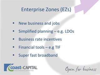 Enterprise Zones (EZs) New business and jobs Simplified planning – e.g. LDOs Business rate incentives Financial tools – e.g TIF Super fast broadband 