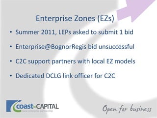 Enterprise Zones (EZs) Summer 2011, LEPs asked to submit 1 bid Enterprise@BognorRegis bid unsuccessful C2C support partners with local EZ models Dedicated DCLG link officer for C2C 