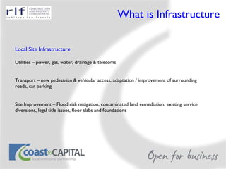 What is Infrastructure Local Site Infrastructure Utilities – power, gas, water, drainage & telecoms  Transport – new pedestrian & vehicular access, adaptation / improvement of surrounding roads, car parking Site Improvement – Flood risk mitigation, contaminated land remediation, existing service diversions, legal title issues, floor slabs and foundations 
