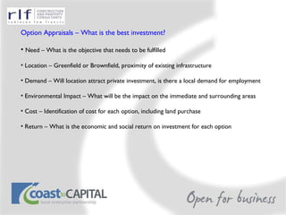 Viability Option Appraisals – What is the best investment? Need – What is the objective that needs to be fulfilled Location – Greenfield or Brownfield, proximity of existing infrastructure Demand – Will location attract private investment, is there a local demand for employment Environmental Impact – What will be the impact on the immediate and surrounding areas Cost – Identification of cost for each option, including land purchase Return – What is the economic and social return on investment for each option 