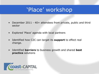 ‘Place’ workshop

• December 2011 - 40+ attendees from private, public and third
  sector

• Explored ‘Place’ agenda with local partners

• Identified how C2C can target its support to effect real
  change.

• Identified barriers to business growth and shared best
  practice solutions
 