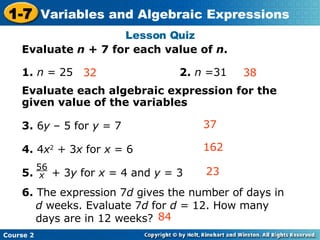 Variable and Algebraic Expressions | PPT