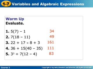 Variable and Algebraic Expressions | PPT