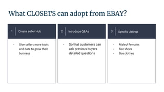 What CLOSETS can adopt from EBAY?
1 Create seller Hub
- Give sellers more tools
and data to grow their
business
2 Introduc...