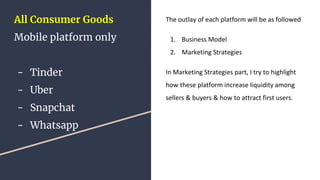 All Consumer Goods
Mobile platform only
- Tinder
- Uber
- Snapchat
- Whatsapp
The outlay of each platform will be as follo...
