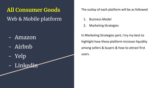 All Consumer Goods
Web & Mobile platform
- Amazon
- Airbnb
- Yelp
- Linkedin
The outlay of each platform will be as follow...