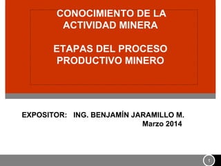 11 
CONOCIMIENTO DE LA 
ACTIVIDAD MINERA 
ETAPAS DEL PROCESO 
PRODUCTIVO MINERO 
EXPOSITOR: ING. BENJAMÍN JARAMILLO M. 
Marzo 2014 
 