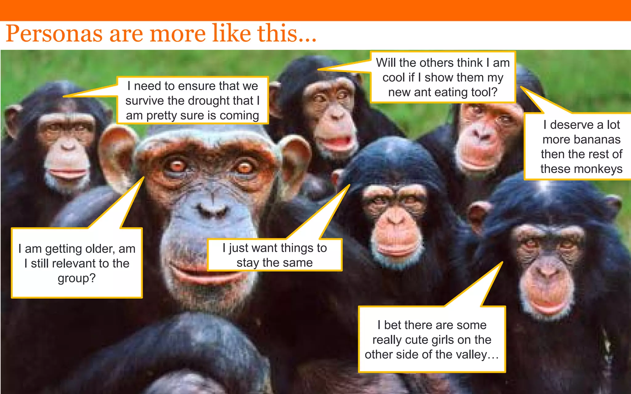 Personas are more like this…
I need to ensure that we
survive the drought that I
am pretty sure is coming
I deserve a lot
more bananas
then the rest of
these monkeys
I am getting older, am
I still relevant to the
group?
I bet there are some
really cute girls on the
other side of the valley…
I just want things to
stay the same
Will the others think I am
cool if I show them my
new ant eating tool?
 