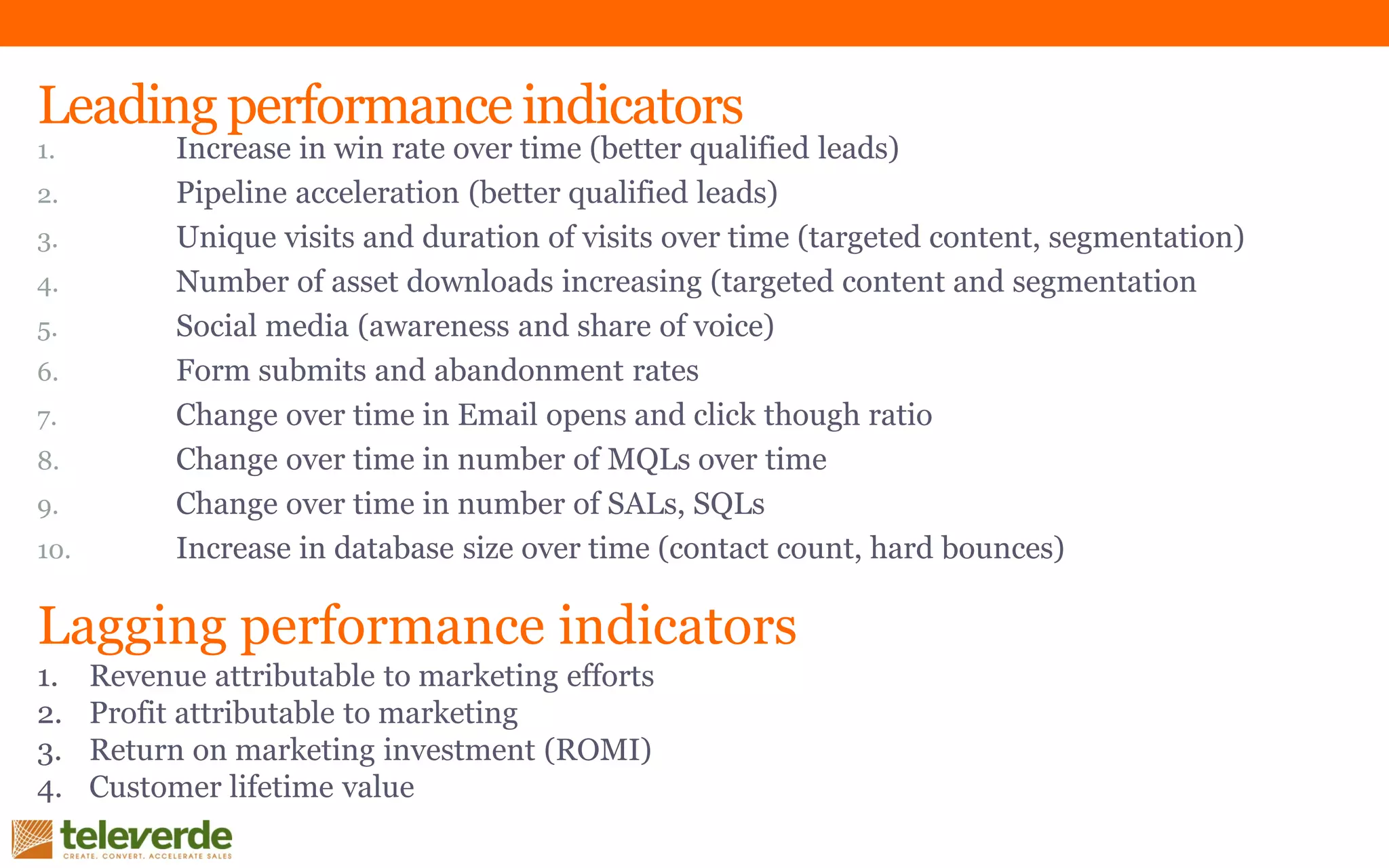 Leading performance indicators
1. Increase in win rate over time (better qualified leads)
2. Pipeline acceleration (better qualified leads)
3. Unique visits and duration of visits over time (targeted content, segmentation)
4. Number of asset downloads increasing (targeted content and segmentation
5. Social media (awareness and share of voice)
6. Form submits and abandonment rates
7. Change over time in Email opens and click though ratio
8. Change over time in number of MQLs over time
9. Change over time in number of SALs, SQLs
10. Increase in database size over time (contact count, hard bounces)
Lagging performance indicators
1. Revenue attributable to marketing efforts
2. Profit attributable to marketing
3. Return on marketing investment (ROMI)
4. Customer lifetime value
 
