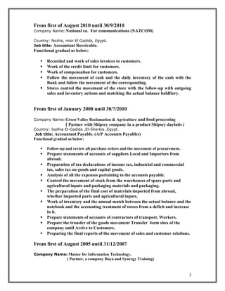 From first of August 2010 until 30/9/2010
Company Name: National co. For communications (NATCOM)
Country: Nozha, misr El Gadida, Egypt.
Job title: Accountant Receivable.
Functional gradual as below:
 Recorded and work of sales invoices to customers.
 Work of the credit limit for customers.
 Work of compensation for customers.
 Follow the movement of cash and the daily inventory of the cash with the
Bank and follow the movement of the corresponding.
 Stores control the movement of the store with the follow-up with outgoing
sales and inventory actions and matching the actual balance baldftery.
From first of January 2008 until 30/7/2010
Company Name: Green Valley Reclamation & Agriculture and food processing
( Partner with Shipsey company in a product Shipsey daylatis )
Country: Isalhia El-Gadida ,El-Sharkia ,Egypt.
Job title: Accountant Payable. (A/P Accounts Payables)
Functional gradual as below:
 Follow-up and review all purchase orders and the movement of procurement.
 Prepare statements of accounts of suppliers Local and Importers from
abroad.
 Preparation of tax declarations of income tax, industrial and commercial
tax, sales tax on goods and capital goods.
 Analysis of all the expenses pertaining to the accounts payable.
 Control the movement of stock from the warehouses of spare parts and
agricultural inputs and packaging materials and packaging.
 The preparation of the final cost of materials imported from abroad,
whether imported parts and agricultural inputs.
 Work of inventory and the annual match between the actual balance and the
notebook and the accounting treatment of stores from a deficit and increase
in it.
 Prepare statements of accounts of contractors of transport, Workers.
 Prepare the transfer of the goods movement Transfer form sites of the
company until Arrive to Customers.
 Preparing the final reports of the movement of sales and customer relations.
From first of August 2005 until 31/12/2007
Company Name: Master for Information Technology.
( Partner, a company Raya and Synergy Training)
3
 