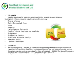 • OFFERINGS
20% for Franchisee/40 % Master Franchisee/80%for Super Franchisee Revenue
sharing ratio in loans, insurance ,equity ,commodity, currency
• Referral Schemes
• Equity, Commodity & Forex
• Loans
• Insurance
• Highest Revenue sharing ratio
• Excellent Training, Experience and Knowledge
• Best Advisory
• Best Financial Planning
• Best Trading Terminal at Zero Cost
• Back office support
• Customer care support
• ELIGIBILITY
• Any entity(Individual, Company or Partnership/Proprietorship firm) with good track record &
reputation in financial services/other business/social circle/jobs can become business partner
• Capacity to invest a nominal amount as Fee (Non refundable) – 50,000/- for Normal Franchisee,
1,00,000/- for Master Franchisee and 5,00,000 for Super Franchisee
 