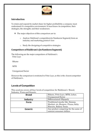 Introduction
To retain and expand its market share for higher profitability a company must
understand it’s competitive environment. It must know its competitors, their
strategies, the strengths and their weaknesses.
 The major objectives of this comparison are to:
o Analyse Haldiram’s competition (in Namkeens Segment) from an
industry and marketing point of view
o Study the designing of competitive strategies
Competitors ofHaldiram’s (inNamkeenSegment)
The following are the major competitors of Haldiram’s:
· Frito Lays
· Bikano
· MTR
· Unorganized Sector
However the comparison is restricted to Frito Lays, as this is the closest competitor
of Haldiram’s.
Levels of Competition
This analysis covers all four levels of competition for Haldiram’s: Brand,
Industry, Form and Generic.
Brand Bikano, Frito Lays, MTR, Lehar,
Unorganized Sector
Industry Differentiated Oligopoly
Form Traditional snacks like Samosa,
Kachori, etc.,Burgers, Pizzas, Salty
Biscuits, Bakery Items
Generic Any product competing for the same of
amount consumer dollars
 