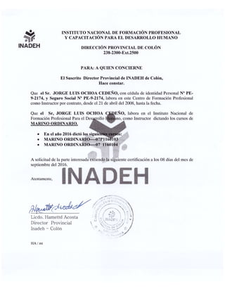 Certificación del INADEH 2016