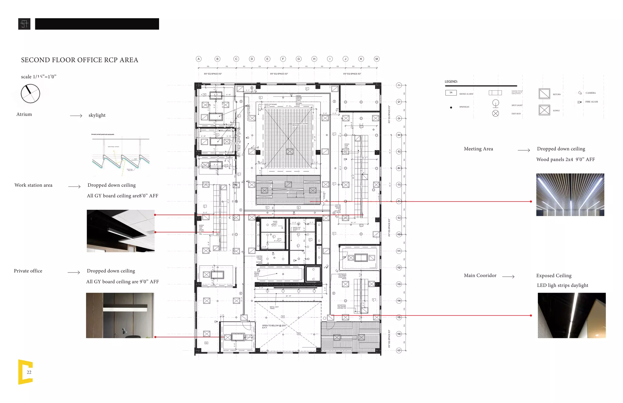 22
SECOND FLOOR OFFICE RCP AREA
scale 1/16’’=1’0’’
All GY board ceiling are8’0’’ AFF
Work station area Dropped down ceiling
All GY board ceiling are 9’0’’ AFF
Private office Dropped down ceiling
Wood panels 2x4 9’0’’ AFF
Meeting Area Dropped down ceiling
Main Cooridor
LED ligh strips daylight
Exposed Ceiling
Date 22 April, 2016
2' - 5"
WHITE
GYP
BOARD +
9' A.F.F
CUS
TOM
SUR
FAC
E M
OUN
TED
LIGH
TS +
9'
A.F.F
1'0''
THIC
K BLA
CK
PAIN
TED
GYP
BOAR
D WI
TH
WOO
D CO
VERI
NG +
9'
A.F.F
5'-0"2'-6"2'-4"
4' - 10"
MFD JHC E G I K
EQ EQ EQ EQ EQ EQ EQ EQ EQ
A B
EQ EQ
1
5
9
13
17
3
2
4
6
7
8
10
11
12
14
15
16
EQEQEQEQEQEQEQEQEQEQEQEQEQEQEQEQ
SUSTAINABLE LOUVER
SKYLIGHT
3''
WO
OD
PA
NE
L
+
9'
A.F.
F
4'-6"
WHITE GYP BOARD
+9' A.F.F
OPEN TO BELOW @ 22'0''
A.F.F
11'-3"
EQEQEQEQEQEQ
4' - 6"
1'-0"1'-0"
1'-0"
1'-0"
6' - 2"
E
X
E
X
E
X
E
X
E
X
WHITE GYP
BOARD +9'
A.F.F
HIDDEN
CONTINU
OUS LED
STRIPS
IN
NATURAL
WHITE
12'-3"
12'-3"12'-3"
3' - 1" 1' - 6"
2'-8"
3' - 4" 3' - 4"
2'-8"
1'-0"
3'-4"3'-4"
4' - 10"
3'-0"
4' - 10"4' - 10" 4' - 10"
4' - 10"
4' - 10"
13'-7"
7'-7"
1'-0"
2'-0"2'-0"
EQEQ
12'-3"
6' - 2"
5'-8"
CONTINU
OUS LED
STRIPS
IN
NATURAL
WHITE
2'-0"2'-0"
12'-3"
17' - 2"
21'-10"
2'-0"
2' - 7"
4'-0"EQEQ
3' - 3"
S
A
S
A
2'-0"
S
A
SA
S
A
S
A
S
A
S
A
S
A
S
A
S
A
S
A
EQEQEQ
11' - 7"
EQEQ
S
A
2' - 3"
S
A
6' - 5"
CONTINUOUS
LED STRIPS
IN NATURAL
WHITE
4' - 8" EQ EQ EQ
24' - 10"
3'-5"
METAL LIGHT
TRACK
2'-4"
11' - 6"
S
A
S
A
3'-0"
1' - 0"
ACOUS
TICAL
TILE
CEILIN
G SYST
EM
1'X2'
ACOUSTICAL
TILE CEILING
SYSTEM 1'X2'
ACOUS
TICAL
TILE
CEILIN
G SYST
EM
1'X2'
9' - 2"
30'-8"
10' - 11"
3' - 5" 3' - 5"
12'-3"12'-3"
8'-5"
3'-2"3'-2"
2'-5"
2' - 7"
ALL GYP
BOARD
ARE+9'
A.F.F'
CONTINU
OUS LED
STRIPS
IN
NATURAL
WHITE
SA
SA
S
A
S
A
S
A
0' - 0"
6'0''EQSPACE6'2''6'0''EQSPACE6'2''6'0''EQSPACE6'2''
5'0'' EQ SPACE 5'2'' 5'0'' EQ SPACE 5'2''5'0'' EQ SPACE 5'2''
R
0'-3"
F
CAMERA
FIRE ALAM
SA
Lumination™ Recessed
LED Troffer from GE
Lighting Solutions
SUPPLY
RETURNSMOKE ALARM
EXIT SIGN
SPRINKLES
SPOT LIGHT
LEGEND: NOTE:
F F
F
F
F
F
F
F
F
F
F
1. U.O.N. IN ROOM WITHOUT SUSPENDED CEILING, THR GYP. BOARD OR PLAYWOOD
WALL FINISH SHALL TERMINATE AT 8’0’’ A.F.F. EXCEPT AS FOLLOWS.
2. LIGHTING PATTERN CENTERED IN SPACE U.O.N
3. NOT ALL CEILING ACCESS PANELS ARE INDICATED PLANS. REFER TO THE MECHANICAL
DRAWING AND SPECIFICATION FOR ACCESS PANEL SIZE QUANTITIES, AND APPROXIMATE
OCATIONS. DUCTWORD SHOP DRAWING SHALL INDICATE THE APPROXIMATE A.P. LOCA-
TION WHICH WILL BE ADJUSTED IF REQUIRED BY THE REVIEWING ARCHIECT.
4. SPRINKLER HEADS W.O. IN 2X2 GRID CLGS. SHALL BE CENTERED IN GRID
Date
Drawn By
ID #
Headquarter 34 Graham St, San F
22 April, 2016
Samaher Alamoudi
03590467
REFLECTED CEILING PLAN LEVEL 2
OPEN TO BELOW @ 22'0''
A.F.F
11'-
SA
METAL LIGHT
TRACK
3'-0"
1' - 0"
2' - 7"
SA
SA
F
CAMERA
FIRE ALAM
SA
Lumination™ Recessed
LED Troffer from GE
Lighting Solutions
SUPPLY
RETURNSMOKE ALARM
EXIT SIGN
SPRINKLES
SPOT LIGHT
LEGEND:
F F
Atrium skylight
 