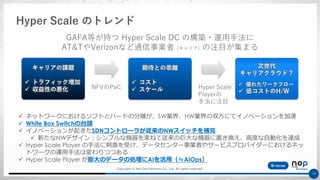 Copyright © Net One Partners Co., Ltd. All rights reserved.
13
Hyper Scale のトレンド
GAFA等が持つ Hyper Scale DC の構築・運用手法に
AT&TやVerizonなど通信事業者（キャリア）の注目が集まる
キャリアの課題
✓ トラフィック増加
✓ 収益性の悪化
期待との乖離
✓ コスト
✓ スケール
次世代
キャリアクラウド？
✓ 優れたワークフロー
✓ 低コストのH/W
NFVのPoC Hyper Scale
Playerの
手法に注目
✓ ネットワークにおけるソフトとハードの分離が、SW業界、HW業界の双方にてイノベーションを加速
✓ White Box Switchの台頭
✓ イノベーションが起きたSDNコントローラが従来のNWスイッチを補完
✓ 新たなNWデザイン：シンプルな機器を束ねて従来の巨大な機器に置き換え、高度な自動化を達成
✓ Hyper Scale Player の手法に刺激を受け、データセンター事業者やサービスプロバイダーにおけるネッ
トワークの運用手法は変わりつつある
✓ Hyper Scale Player が膨大のデータの処理にAIを活用（≒AIOps）
 
