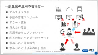 Copyright © Net One Partners Co., Ltd. All rights reserved.
15
一般企業の運用の現場は…
◼ マルチクラウド
◼ 多数の管理コンソール
◼ アラート疲れ
◼ 見えない障害
◼ 利用者からのプレッシャー
◼ 回答の無いベンダーのチケット
◼ 求められる障害報告
◼ 求められる「攻めのIT」企画
IT管理者
インフラエンジニア
 
