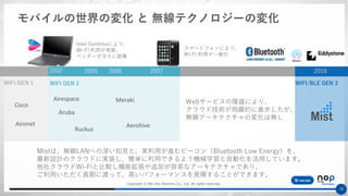 Copyright © Net One Partners Co., Ltd. All rights reserved.
18
モバイルの世界の変化 と 無線テクノロジーの変化
Webサービスの隆盛により、
クラウド技術が飛躍的に進歩したが、
無線アーキテクチャの変化は無し
WIFI GEN 1 WIFI/BLE GEN 3WIFI GEN 2
20162005 2006 20072002 2005 2006 2007
Mistは、無線LANへの深い知見と、実利用が進むビーコン（Bluetooth Low Energy）を、
最新設計のクラウドに実装し、簡単に利用できるよう機械学習と自動化を活用しています。
他社クラウドWi-Fiと比較し機能拡張や追加が容易なアーキテクチャであり、
ご利用いただく長期に渡って、高いパフォーマンスを発揮することができます。
Intel Centrinoにより、
Wi-Fi 利用が発展、
ベンダーが次々に創業
スマートフォンにより、
Wi-Fi 利用が一般化
Cisco
Aironet
Airespace
Aruba
Ruckus
Meraki
Aerohive
 