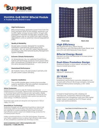 MAXIMA GxB 360W Bifacial Module
A Trusted Quality Brand in Solar
D
www.sunpreme.com | info@sunpreme.com
Sunpreme: +1.408.245.1112
High Efficiency
18% Module Efficiency (Mono-facial),
20% Efficiency with 10% Backside Power Boost, and
over 21% with 20% Backside Power Boost
Bifacial Energy Boost
Harvests sun from the backside to increase power
output up to 20%
Dual-Glass Frameless Design
Sunpreme Design is more robust, and does not
require module grounding
10 YEAR
PRODUCT WARRANTY
25 YEAR
POWER WARRANTY
Sunpreme’s performance warranty obligations are
insured with a Munich Re Group company, reinsured
by Munich Reinsurance Company, a AA- rated
reinsurer
In head-to-head testing with a leading US
manufacturer, Sunpreme’s Maxima GxB panel
outperforms the competition with over 20% higher
power output, exceeding the STC Power rating
under real world conditions
High Performance
Bifacial technology generates power from both the
front and back faces of the module, resulting in up
to 20% higher energy harvest (kWh). N-type cells
packaged in frameless double glass modules yield
higher power and do not suffer from light-induced
degradation (LID) or potential induced degradation
(PID).
Quality & Reliability
Double glass modules designed for durability.
Certified to international certification body
standards: IEC, UL, and CEC listed. Manufactured
according to the International Quality Management
System ISO9001.
Extreme Climate Performance
As temperatures rise, our patented SmartSilicon
hybrid cell technology produces more power [kW]
than conventional crystalline silicon solar panels at
the same elevated temperature.
Guaranteed Performance
All modules have a 10 year product warranty and
25 year power output warranty.
Superior Aesthetics
Thin profile double-glass construction provides
superior aesthetics that are a perfect complement
to roofs, carports, and canopies.
S
Front view Back view
About Sunpreme
Sunpreme is an innovative solar PV module manufacturer
headquartered in Sunnyvale, California with manufacturing facilities
in the United States and China. We provide high quality, reliable
and aesthetically superior modules to residential, commercial, and
utility customers globally. Sunpreme solar systems are delivering
clean energy in 9 different countries.
Sunpreme solar panels are designed and engineered in Silicon
Valley, CA, USA.
SmartSilicon Technology
Sunpreme modules use our patented SmartSilicon Hybrid Cell
Technology platform technology that utilizes innovative thin-
film materials on surface engineered Silicon base to achieve
high-efficiency power output and reliable energy production for
increased project returns.
Unlike conventional silicon or thin-film technologies, Sunpreme
uses highly-scalable process to deliver high efficiency solar power
at very competitive Levelized Cost of Energy (LCOE).
 