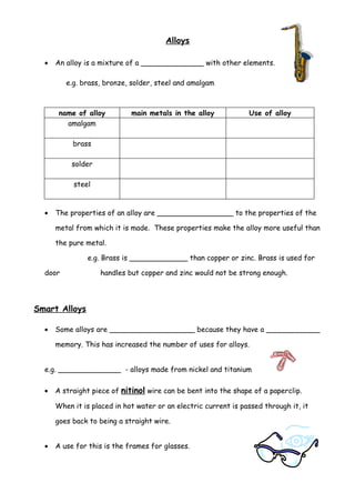 Alloys

  •   An alloy is a mixture of a ______________ with other elements.

         e.g. brass, bronze, solder, steel and amalgam



       name of alloy         main metals in the alloy            Use of alloy
         amalgam

           brass

           solder

           steel


  •   The properties of an alloy are _________________ to the properties of the

      metal from which it is made. These properties make the alloy more useful than

      the pure metal.

               e.g. Brass is _____________ than copper or zinc. Brass is used for

  door              handles but copper and zinc would not be strong enough.




Smart Alloys

  •   Some alloys are ___________________ because they have a ____________

      memory. This has increased the number of uses for alloys.


  e.g. ______________ - alloys made from nickel and titanium

  •   A straight piece of nitinol wire can be bent into the shape of a paperclip.

      When it is placed in hot water or an electric current is passed through it, it

      goes back to being a straight wire.


  •   A use for this is the frames for glasses.
 