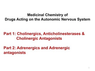 1
Medicinal Chemistry of
Drugs Acting on the Autonomic Nervous System
Part 1: Cholinergics, Anticholinesterases &
Cholinergic Antagonists
Part 2: Adrenergics and Adrenergic
antagonists
 