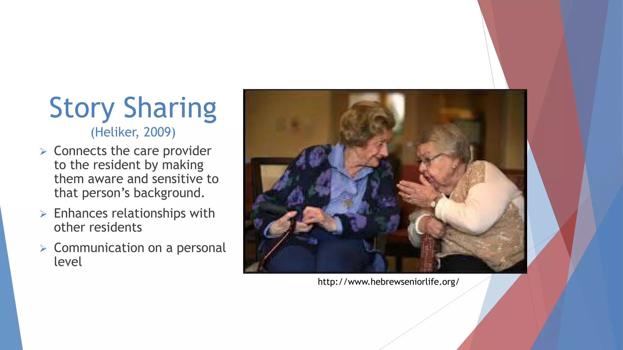 Story Sharing
(Heliker, 2009)
 Connects the care provider
to the resident by making
them aware and sensitive to
that person’s background.
 Enhances relationships with
other residents
 Communication on a personal
level
http://www.hebrewseniorlife.org/
 