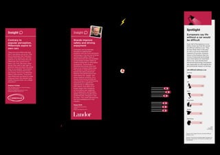 Insight
Contrary to
popular perception,
Millennials aspire to
own cars
There are some Millennials that
don’t care about cars at all. They
live in downtown San Francisco
or New York where you can live
without a car. But there also are
Millennials who would love to
have a car. And, like every other
group, they want to get right to
premium level and show the world
they’ve succeeded. The problem
is that a lot of them don’t have
any money. One of our Millennial
interns said recently, “Everyone
says Millennials are afraid to make
a big purchase. We already have
made a big purchase, our college
education.”
Andrew Ortlieb
SVP, Strategic Services, Brand Strategy
Group Team Detroit
andrew.ortlieb@teamdetroit.comA.
Manago@added-value.com
Fuel efficiency and
emissions shape
preferences
Hybrids continued to do well, with sales
up about 30 percent in the US. It’s not
that shoppers preferred the styling or
performance of those cars, but they
wanted to enjoy the key benefit – fuel
efficiency. Toyota hybrid sales in Europe
grew 43 percent, driving strong profit for
the brand in that region.
The prospect of stricter regulations
encouraged manufacturers to invest in
electric alternatives. Price, limited range
and the lack of recharging infrastructure
remained significant barriers. Nissan Leaf
and Chevy Volt experienced soft sales.
Tesla generated excitement, but did not
sell many units, although it has become a
status symbol. BMW is introducing its i3.
Minivans sales in the US declined with the
rise of SUV crossovers, particularly at the
premium end of the market. Europeans
preferred small utility vehicles that fit into
small parking spaces and emit less
carbon, an important issue in Europe.
The need to reduce carbon emissions is
prompting European luxury brands like
Mercedes and BMW to produce smaller
models. Regulations to improve air
quality in China, expected to be similar to
the European standards, will impact the
Chinese produced cars.
Fast growing markets
China car sales increased 13.9 percent to
22.9 million units in 2013, according to
the China Association of Automobile
Manufacturers. Sales declined in Brazil
and India for the first time in about a
decade. With slowing sales and a
weakened rupee, international carmakers
in India turned to export to deal with
overcapacity.
The European luxury brands sold well in
China, led by Volkswagen’s Audi, which is
the car of choice for official government
transportation. Ford, which introduced
several new models in China, experienced
almost a 50 percent increase in sales to
over 935,000 units. Ford plans to
introduce its Lincoln brand in China to
compete in the luxury sector.
Sales of Toyota and Honda rebounded in
China after tensions subsided between
Japan and China. Honda sales also were
helped by the introduction of an updated
Accord sedan. Nissan sold 1.3 million cars
in China, a 17 percent increase.
Action Points for Brand Building
1. Be safe
Consumers may enjoy slipping into the
driver’s seat and feeling as if they’re
surrounded by cooler technology than
they can access on their smartphone.
But the stakes are much higher behind
the wheel. Ultimately, people want to feel
confident that their families are safe.
2. Be transparent
Even in today’s world of incessant
social media it’s possible to keep a
secret, at least for a while. But keeping
a secret has consequences. As has been
demonstrated repeatedly, the public may
disapprove of the original misdeed but
it’s less likely to forgive the cover-up.
3. Demonstrate leadership
Younger consumers especially are
making product choices driven by
concerns about the environment. Car
brands can react or they can lead with
innovative technology.
Insights: BrandZ™ BigData
Insight
Brands improve
safety and driving
enjoyment
Carmakers are increasingly
focused on loading their
products with the most advanced
technology in the service of driver
comfort and safety. Many of
these advances are now available
in mid-range models, either as
original equipment or affordable
accessories. Technology is
therefore becoming more and
more of an industry table stake.
This tends to make the luxury
brands less about advanced
features and performance and
more about the “badge” and
some creature comforts. As a
result, some luxury brands are
now focusing on the total buying
experience as a significant
opportunity to differentiate
their brand. Over 80% of car
buyers begin their shopping
on-line before ever stepping
into a dealership, yet the basic
dealer experience model hasn’t
fundamentally changed in over
50 years. This could well become
the next battleground in the
industry.
Hayes Roth
Chief Marketing Officer
Landor
Hayes.roth@landor.com
Spotlight
Europeans say life
without a car would
be difficult
Over half of Europeans in a six-
nation study say that life would
be difficult without a car. They
are less likely than in the past
to view a car as an important
measure of success, however.
About a third believe that the
choice of personal technology
says more about an individual
than a car. Cars should have
advanced technology, Europeans
say, especially for eliminating the
environmental impact of driving.
Life difficult without a car
France
UK
Italy
Denmark
Spain
Germany
Making luxury accessible
Technological advances in
manufacturing, related safety
improvements, as well as better emission
controls have increased the availability
of luxury features across more mass-
market brands. However, consumers view
the luxury car brands as having greater
meaningful difference and give the
brands more credit for “leading the way.”
Toyota and BMW, the most valuable
car brands, are equally meaningful.
BMW is more greatly differentiated and
“leading the way,” but Toyota is ahead on
“environmental responsibility.”
Source: BrandZ™ database
All brands average = 100
Luxury (top 4 brands)
Mass (top 6 brands)
Meaningful	118
Meaningful	106
Different 132
Different 103
Leading the way 111
Leading the way 103
Percent who agree; My life would be difficult
without a car.
Source: The Future of Sustainable Transport in
Europe, a report by The Futures Company for
Ford (2012).
62
55
52
49
48
48
Consumer and Retail | Cars
62  BrandZ™ Top 100 Most Valuable Global Brands 2014 63
Section 03  |  The Categories
 