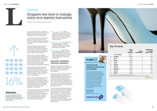 Definition
The luxury category includes
brands that design, craft and
market high-end clothing, leather
goods, fragrances, accessories
and watches.
Top 10 Luxury
Brand
Value
2014 $M
Brand
Contribution
Brand Value
% Change
2014 vs 2013
1 Louis Vuitton 25,873 4 14%
2 Hermès 21,844 5 14%
3 Gucci 16,131 5 27%
4 Prada 9,985 4 6%
5 Rolex 9,083 4 14%
6 Cartier 8,941 4 40%
7 Chanel 7,810 5 10%
8 Burberry 5,940 5 42%
9 Coach 3,129 2 -4%
10 Fendi 3,023 4 -17%
Source: Valuations include data from BrandZ™ and Bloomberg.
Brand contribution measures the influence of brand alone on earnings, on a scale of 1 to 5, 5 highest.
Luxury
Shoppers feel freer to indulge,
enjoy and express themselves
Tastes and attitudes change
Luxury is back. Consumers purchased
enthusiastically and without apology. The
category brand value rose 16 percent,
following a 6 percent rise a year ago.
The strong performance illustrates both
how luxury consumers have put the
financial crisis behind them and also how
the crisis influenced changing attitudes
and tastes.
During the recession, luxury became
a stealth indulgence after years of
conspicuous consumption. Informed by
that experience, consumers today are
more comfortable with luxury, treating
it as a medium of self-expression.
Even in China, consumers became
more discerning, appreciating luxury for
design and craftsmanship rather than
as ostentatious display to demonstrate
status. At the same time, luxury brands
felt the impact of China’s slower
economy and the government’s
discouragement of extravagant spending.
Adjusting to these market dynamics,
some brands rebalanced in favor of
exclusivity over the accessibility to mass
audiences that drove revenue during
lean financial times. Logo key rings are
out, but fragrance remains an entry
point to the category.
Driven in part by newly wealthy young
people in fast growing markets, the
luxury consumer is becoming younger,
with different tastes and interest in niche
brands. Major luxury brands marketed
to this group both for the immediate
payoff and to cultivate the next
generation of customers.
In a trend also influenced by consumption
in fast growing markets, men’s luxury has
expanded from a narrow focus on
watches and cars to include accessories
and clothing. And brands, including
Gucci, Prada and Burberry, opened
stores devoted exclusively to men.
These other trends emerged:
More consolidation Industry
consolidation continued as LVMH
added Italian clothing designer Loro
Piana to a portfolio that includes
brands such as Givenchy and Fendi
as well as Louis Vuitton and
Moët  Chandon.
Vertical integration Several brands
purchased vendors in order to
vertically integrate, control the
production process, ensure quality
and improve profitability.
Brand experience New ways to
express brand experience included
brand-themed theatrical events
staged in airport duty free shopping
areas. Brand experience in luxury
drives new business, trialing and
brand equity.
Consumer confidence
influences aesthetics
Interest in luxury jewelry increased,
perhaps an indicator that post-recession,
people are ready to purchase items
that are purely decorative rather
than utilitarian.
Consumer interest in jewelry is broader
than traditional precious gems and
includes colorful and unique stones that
express individuality. The interest in
self-expression also shaped attitudes
about the prominence of designer logos.
Louis Vuitton, known for integrating its
iconic logo into the design of its bags and
other merchandise, introduced products
without the LV logo.
The shift away from prominent logos to
more discrete, subtle and less accessible
luxury captures a change in consumer
attitude termed, “in the know” rather
than “in the show.” Louis Vuitton, Gucci
and Fendi took steps to reinforce the
exclusivity of their high-end brands by
cutting back on less expensive
merchandise. Burberry eliminated some
opening price points on rainwear and
leather goods.
Insight
Some brands
rebalance exclusivity,
accessibility
Some of the luxury brands are
pulling back their low-end entry
merchandise. While these brands
may feel a short-term financial
impact, they have a long-term
view. They want the branded
product to be consistent with
the brand’s purpose, what the
brand is about. They believe
that makeup and fragrance
work better than key chains
and other trinkets as an entry
point to luxury.
Elaine Quirke
Worldwide Director
Mindshare Luxury
Elaine.Quirke@Mindshareworld.com
16%
Consumer and Retail | Luxury
64  BrandZ™ Top 100 Most Valuable Global Brands 2014 65
Section 03  |  The Categories
 
