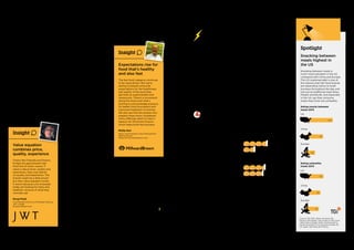 Chains like Chipotle and Panera fit more
squarely in the health trend as they offer
food in a counter-service, fast food
environment, but their value message is
about more than price and includes both
quality and the dining room environment.
Tim Hortons, which dominates the
Canadian market with around 3,470
restaurants, takes a similar approach with
an emphasis on hot meals, like lasagna,
served in a bowl to evoke a home cooked
feeling. Like any fast food chain, Chipotle,
Panera and Tim Hortons deliver taste, but
they emphasize the taste of ingredients
rather than sauces.
Chipotle promoted its “food with
integrity” strapline with a social media
video series called “Farmed and
Dangerous.” In one episode, a friendly
and entrepreneurial scarecrow tours a
nightmarish cartoon depiction of
industrial food production and then
begins its own fresh food business.
With its claim of fresher ingredients,
Subway also benefits from the interest in
health. To underscore freshness, Subway
featured Kermit and Miss Piggy in a video
where the Muppets meet Subway
spokesman Jared Fogel and the Swedish
Chef Muppet prepares a sandwich loaded
with vegetables.
Social and digital
innovation
In a marriage of digital and restaurant
theater, Pizza Hut, a leader in digital
online ordering, experimented with
in-restaurant ordering technology. A
tabletop functions like a giant interactive
screen and customers order by touching
virtual pizzas and toppings.
Wendy’s reached over 85 million
Facebook users with a series of videos in
which a musical group adopted lyrics
submitted by fans into “Pretzel Love
Songs” to promote the chain’s pretzel
bacon cheeseburger. About three-
quarters of participants accessed
Facebook with a mobile device.
Wendy’s subsequently announced that it
would accept mobile payment at roughly
6,500 US locations. Burger King updated
its mobile app to allow smartphone
payments. Around 11 percent of weekly
transactions at Starbucks US locations
are made with a mobile device. The brand
upgraded its iPhone app to enable
customers to add a tip for the barista.
In other social and digital marketing
efforts, Burger King rolled out bkdelivers.
com for home delivery and McDonald’s
tweeted to build traffic during off hours,
when people might feel like snacking.
Fast growing markets
Growth for fast food brands slowed in
China because of the cooling economy
and food-sourcing issues, including a bird
flu scare that impacted KFC. With about
4,600 outlets in China, KFC is recovering
from weakened sales over food safety
concerns related to its supply of poultry.
A campaign to reassure Chinese
consumers began in late 2013.
McDonalds’s has around 2,000
restaurants in China. Starbucks is present
in China with over 1,000 stores and is
expanding in India with Tata as a joint
venture partner. Burger King announced
plans to enter India with the Everstone
Group as a joint venture partner. The
chain controls around 13,600 restaurants
worldwide, mostly franchises, over half
located in North America.
Brands are developing a presence in
Southeast Asia, with McDonald’s and
Starbucks opening in Vietnam. And as if
the usual challenges of global expansion
weren’t sufficient, KFC opened its largest
drive-thru restaurant in Kiev, Ukraine.
Action Points for Brand Building
1. Be healthy
Given a choice, consumers today prefer
to eat healthier. That doesn’t mean they’ll
never indulge. And it doesn’t mean they’ll
restrict their diets to only green and leafy
stuff. It does mean that when people eat
out they want tasty but healthier versions
of their favorite meals.
2. Be consistent
Along with their global success,
McDonald’s and Starbucks share at least
one other common characteristic. Their
restaurants are an important place in the
lives of customers. Customers regularly
return because each brand consistently
delivers on its promise.
3. Be fast
Whether you call it fast food or QSR
(Quick Service Restaurant), the essence
of the category is in the name. Speed
pertains to all aspects of the experience
from ordering to delivery and payment.
In some categories customers may
appreciate the convenience of mobile
wallet transactions, in fast food they’re
likely to expect it.
Insights: BrandZ™ BigData
Spotlight
Snacking between
meals highest in 	
the US
Snacking between meals is
much more prevalent in the US
compared with China and Europe.
This US snacking habit is one of
the reasons that fast food brands
are expanding menus to build
business throughout the day and
not just at traditional meal times.
People worldwide, and especially
in the US, say they consume
treats they know are unhealthy.
Eating snacks between
meals 2013
US
China
Europe
Insight
Value equation
combines price,
quality, experience
Chains like Chipotle and Panera
bridge the gap between fast
food and sit down casual. If
value is about price, quality and
experience, they over deliver
on quality and experience. The
brands might be a little pricier
but their value equation works.
It works because a lot of people
today are looking for tasty and
healthier versions of what they
normally eat.
Doug Poad
Vice President Director of Strategic Planning
JWT Canada
doug.poad@jwt.com
McDonald’s defines 	
value, brand power
McDonald’s defines both value and
brand power in the fast food category.
The McDonald’s brand value is greater
than the total of the next nine most
valuable fast food brands. This
phenomenon reflects consumers’
experience of McDonald’s as the brand
that spontaneously meets their needs
far better than the main competitors
(saliency). McDonald’s also is the
most famous brand, which shows up
in awareness.
Salient (average brand = 100)	
Awareness (average brand = 78%)
Next Top nine 106
Next Top nine 88%
McDonald’s 216
McDonald’s 98%
Source: BrandZ™ database
Insight
Expectations rise for
food that’s healthy
and also fast
The fast food category continues
to be value driven. But we’re
seeing increased consumer
expectations for the healthiness
and quality of the food they
get both at supermarkets and
restaurants. There’s a movement
along the food chain that’s
starting to acknowledge pressure
for better food formulation and
improved treatment of animals.
We also see that the people who
prepare these more considered
menu offerings seem to have a
passion for the brand mission,
which helps build the business.
Philip Herr
Senior Vice President, Client Management
Millward Brown
Philip.Herr@millwardbrown.com
Eating unhealthy
treats 2013
US
China
Europe
Source: TGI 2013 / Base: All adults 18+
Percent who agree: I eat snacks on the move
rather than a proper meal; I treat myself to
foods not good for me. Europe includes the
UK, Spain, Germany and France.
64
42
41
35
22
31
Food and Drink | Fast Food
86  BrandZ™ Top 100 Most Valuable Global Brands 2014 87
Section 03  |  The Categories
 