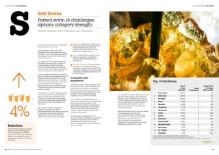 Definition
The soft drink category includes
these non-alcoholic ready-to-
drink beverages: carbonated
soft drinks (CSDs), juice, bottled
water, functional drinks (sport
and energy), coffee and tea (hot
and iced).
Top 15 Soft Drinks
Brand
Value
2014 $M
Brand
Contribution
Brand Value
% Change
2014 vs 2013
1 Coca-Cola 67,712 5 5%
2 Diet Coke 12,972 3 -5%
3 Red Bull 10,873 4 3%
4 Pepsi 9,318 3 -5%
5 Nescafé 6,676 4 18%
6 Tropicana 5,178 4 8%
7 Nespresso 4,970 4 11%
8 Fanta 4,879 2 23%
9 Sprite 4,545 3 10%
10 Gatorade 4,115 3 10%
11 Minute Maid 2,483 3 8%
12 Mountain Dew 2,331 3 -7%
13 Diet Pepsi 2,158 3 -3%
14 Dr. Pepper 2,115 3 -5%
15 Aquafina 1,778 2 New
Source: Valuations include data from BrandZ™ and Bloomberg.
Note: Diet Coke includes Diet Coke, Coca-Cola Light and Coca-Cola Zero.
Brand contribution measures the influence of brand alone on earnings on a scale of 1 to 5, five highest.
Soft Drinks
Perfect storm of challenges
siphons category strength
Brands respond with marketing and innovation
Consumers still reached for carbonated
beverages, but not as often.
Demographics, health issues and
changing tastes continued to pressure
the sector, even in fast growing markets.
The category rose in brand value, but
only by 4 percent.
The population that traditionally drove
cola sales, young people, is smaller in
mature markets. Consuming fewer
carbonated beverages, young people
turned to alternatives like energy drinks
and waters enhanced with vitamins.
Coconut water was especially popular in
the US, falling under the general rubric of
healthy, enhanced hydration. But even
alternatives can raise issues. To counter
the concern with sugar level, Tropicana,
the orange juice brand owned by
PepsiCo, added a line extension called
Tropicana 50, which contains half the
amount of sugar.
Consumption of CSDs (Carbonated Soft
Drinks) declined for the ninth straight
year in the US, with a 3 percent drop
in 2013, according to Beverage Digest.
The industry publication reported that
CSD volume in the US retreated to its
1995 level.
Main brands, such as Coke, Pepsi,
Mountain Dew and Dr. Pepper
outperformed their diet versions because
of consumer concern with artificial
sweeteners, according to Beverage
Digest. These other trends emerged:
Regulations Because of health issues
some national and local jurisdictions
limited where brands could sell
products (not near schools) and in
what sizes (no giant drinks).
Choice Although the category is the
target of regulations and health
concerns it keeps expanding and
fragmenting.
Occasion remains key Colas continue
to market their brands for treats or
indulgence, understanding that for the
consumer ordering a slice of pizza and
a beverage, immediate pleasure is the
primary concern.
Innovation and
experience
To achieve a level of personalization and
unique experience, Coke partnered with
Green Mountain Coffee, the company
that makes single-serve coffee pods that
include a selection from Starbucks. Coke
intends to offer a range beverages
prepared at home by the consumer.
The innovation is aimed especially at
Millennials. It assures having the beverage
when and where you want it. It also
personalizes the product and delivers it
with a unique experience in an at-home
variation of Coke’s Freestyle vending
machine, which enables consumers to
mix about 100 flavors.
The approach is also based on the
success enjoyed by Nespresso, which has
created an experience around coffee
drinking at home. With all its flavor
options, Nespresso has made coffee into
more of a treat.
In a separate innovation aimed at reviving
the soft drinks category and remaining
relevant, Coke launched Coca-Cola Life
in Latin America, with cans that look like
Coke but are green to emphasize both
sustainability and health. The drink
uses a combination of real sugar and
artificial sweetener.
Betting that there’s still a growing market
of young people who will drink
carbonated beverages that are made
without corn syrup and preservatives,
and offered with some sense of
personalization and authenticity,
Starbucks is introducing a line of sodas
prepared by baristas in its cafés.
4%
Food and Drink | Soft Drinks
88  BrandZ™ Top 100 Most Valuable Global Brands 2014 89
Section 03  |  The Categories
 