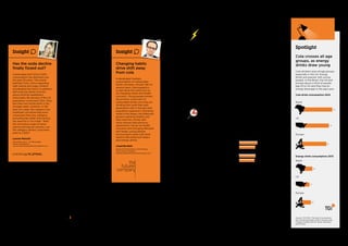 Spotlight
Cola crosses all age
groups, as energy
drinks draw young
Cola drinkers span all age groups,
especially in the US. Energy
drinks are popular with young
people. In the Brazil, the US and
Europe about a third of people
age 25 to 34 said they had an
energy beverage in the past year.
Cola drink consumption 2013
Brazil
US
Europe
Energy drink consumption 2013
Brazil
US
Europe
Marketing the brands
Pepsi refocused on the Pepsi brand and
invested heavily in marketing, particularly
on traditional media, having focused
earlier on social media. It aimed at
reaching young cola drinkers with
its “Live for Now” campaign and with
the use of celebrity spokespersons,
including Beyonce.
Pepsi also attempted to reach a young
audience with the variety of flavors
available from its Aquafina bottled water
brand. Its Gatorade continued to
dominate the sport beverages. After
public concern over a Gatorade ingredient
called BVO, brominated vegetable oil,
the brand agreed to remove it.
In its focus on events and youth, Pepsi
resembled the approach of Red Bull, the
energy drink, with its sponsorship of
music events along with extreme sports
and other high-energy adventures.
Sprite, a Coca-Cola lemon-lime drink,
continued to benefit from being a clear
beverage, which adds to the perception
that it’s a healthier carbonated option.
The Coke “Open Happiness” campaign
connected with people in an emotional
way that emphasized the appeal and
universality of the brand rather than the
properties of the product. In an ad shown
during the Super Bowl, Americans of
various backgrounds performed
“American the Beautiful,” each phrase
sung in a different language, connected
seamlessly into a musical quilt
representing America’s diversity. To build
on the traditional connection between
cola and food, Coke marketing attempted
to associate the brand with the home
mealtime occasion.
Fast growing markets
Marketing cola as a drink for mealtime
traditionally has been a way to cultivate
cola drinking in fast growing markets.
However, the standard assumption that
rising wealth will drive steady soft drink
growth in those markets is less true today
because more products compete for the
spending of the rising middle class.
In expanding in fast growing markets,
brands faced multiple challenges
including the taste appeal and health
concerns. Health and childhood obesity
are factors in China. Chinese generally
don’t like the sensation of carbonation
and prefer other drinks, like tea.
Tea is also popular in India. Indians are
more disposed to drink carbonated
beverages, and they have options to
choose from, including Coke, Pepsi
and Thums Up, a local brand acquired
by Coke.
In another version of spreading
happiness, Coke featured people in India
and Pakistan in front of Coke vending
machines designed so that the people
from each nation could see each other,
communicate and exchange the gift of
a Coke.
Action Points for Brand Building
1. Innovate
Health concerns about CSDs
(Carbonated Soft Drinks) aren’t going to
disappear. But the category is broader
than CSDs and it’s possible to grow in
areas that satisfy both the consumer
desire for a satisfying beverage and
health concerns.
2. Create new experiences
Drinking involves more than quenching
thirst and enjoying taste. The experience
consumers have as they drink a beverage
also influences their feelings about
the brand.
3. Support the brand
Integrated media campaigns can
strengthen the consumer’s emotional
connection to the brand when the
stories evoke positive memories
and connections.
Insights: BrandZ™ BigData
Insight
Changing habits
drive shift away 	
from cola
In developed markets,
consumption of carbonated
drinks has been virtually flat for
several years. Demographics
in part drive this trend, but so
do changing tastes and health
concerns. Young people remain
the primary consumers of
carbonated drinks, but they are
drinking less soda than past
generations did. In Europe that
population segment is shrinking
while in the States, the Millennial
group is growing slightly, but
they have less money and
more choices than previous
generations. Driven by health
concerns and changing lifestyles
and tastes, young people
are turning to other soft drink
options like enhanced waters
and energy drinks.
Lloyd Burdett
Head of Global Clients and Strategy
The Futures Company
lloyd.burdett@thefuturescompany.com
Insight
Has the soda decline
finally fizzed out?
Carbonated Soft Drink (CSD)
consumption has declined over
the past 25 years. The recent
backlash from critics regarding
high calorie and sugar content
accelerated this trend. In addition,
diet soda has faced criticism
about artificial sweeteners.
Historically, 85 percent of the US
population consumed CSDs. Now,
less than two-thirds drink in the
average week. However, in the
past two years the category has
stabilized; still attracting more
consumers than any category
excluding tap water and owning
the need for a “fun treat.” With
the innovative surge of lower
calorie and natural variants, can
the category attract consumers
back to CSDs?
Lauren Masotti
Client Executive – US Beverages
Kantar Worldpanel
Lauren.Masotti@kantarworldpanel.com
Category goes flat 	
as attitudes change
The health and obesity debate,
government pressure and consumer
awareness of ingredients are
all contributing to a decline in
“meaningfulness” (generates ‘”love,”
meets needs) of the carbonated soft
drinks category. Although the leading
brands, and Coca-Cola in particular,
continue to be extremely successful and
engage their consumers, we see a decline
in “meaningfulness” and “trust” as
consumer needs and attitudes change.
Soft Drinks Top 10 brands
2008
2014
Source: BrandZ™ database
All brands average = 100
Meaningful	110
Meaningful	101
Trust 97
Trust 93
Source: TGI 2013 / Percent of consumers
who drank beverages within the past year.
Europe includes the UK, Spain, Germany
and France.
75
25
61
23
74
17
Food and Drink | Soft Drinks
90  BrandZ™ Top 100 Most Valuable Global Brands 2014 91
Section 03  |  The Categories
 
